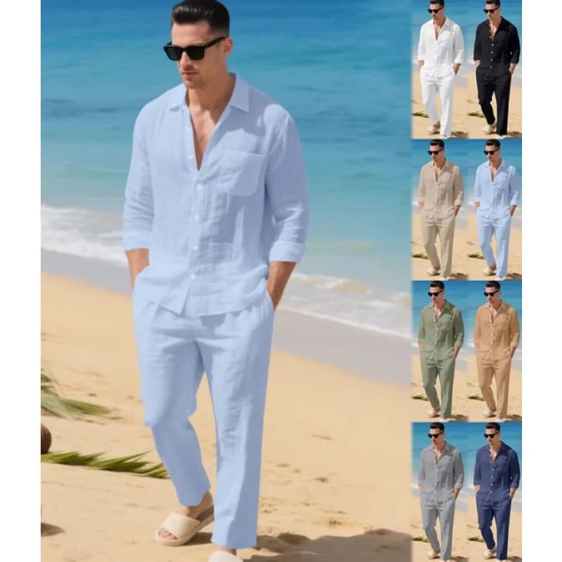 New Long Sleeve Shirt Pants Suit Men Lightweight Breathable Streetwear Solid Color Business Button Polo Shirts Long Pants