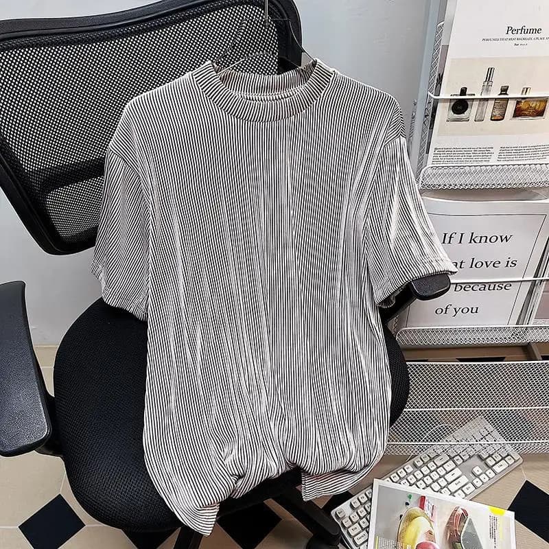 2024 New Summer Fashion Niche Simple Loose Casual Oversized Round Neck Pit Stripe Solid Color Versatile Men's Trend T-shirt