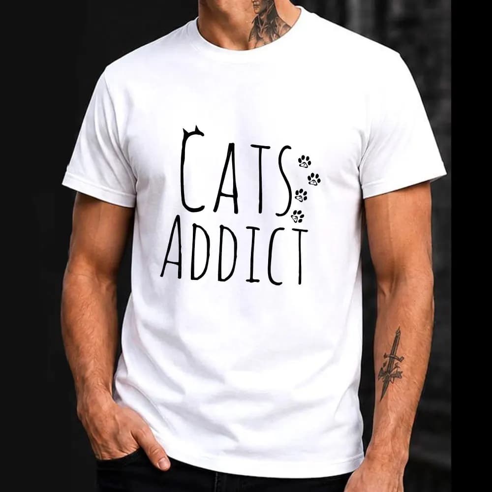 cats addict Funny Gift T-shirt for men 0730 Short Sleeve Graphic Clothes All size tops S-6XL 100% Cotton Printed Tee