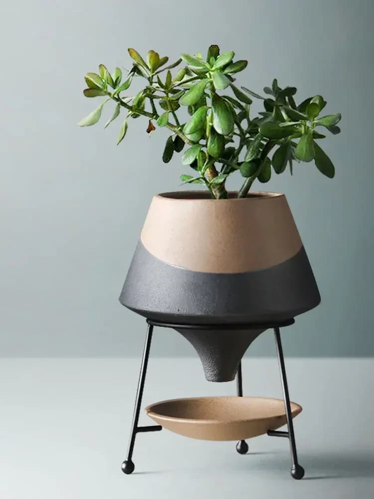 Home Decoration, Ceramic Vases, Juicy Plants, Flower Pots, Two-color Rough Ceramic Iron Frame, Living Room, Interior Decoration