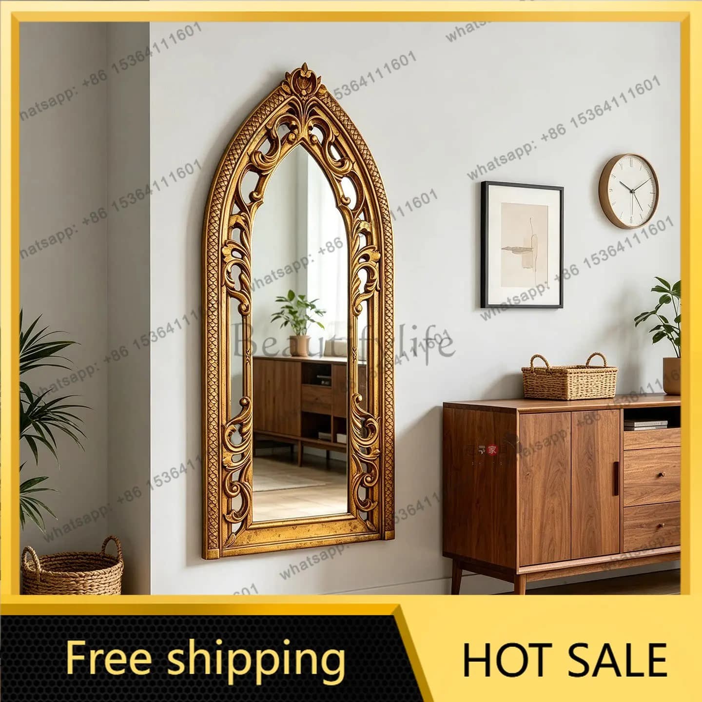 YJ European Carved Irregular Full‑Length Mirror Palace Style Unit For Living Villa French Retro Dressing Home Decor