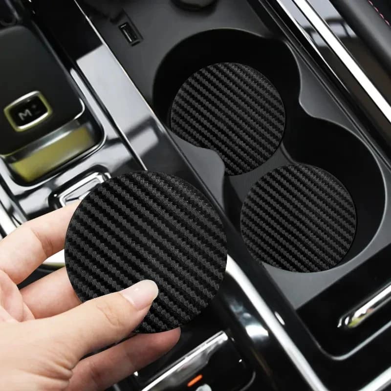 2Pcs Carbon Fiber Texture Car Water Cup Coasters Anti-Slip Shockproof Waterproof Universal Auto Interior Accessory For Most Cars