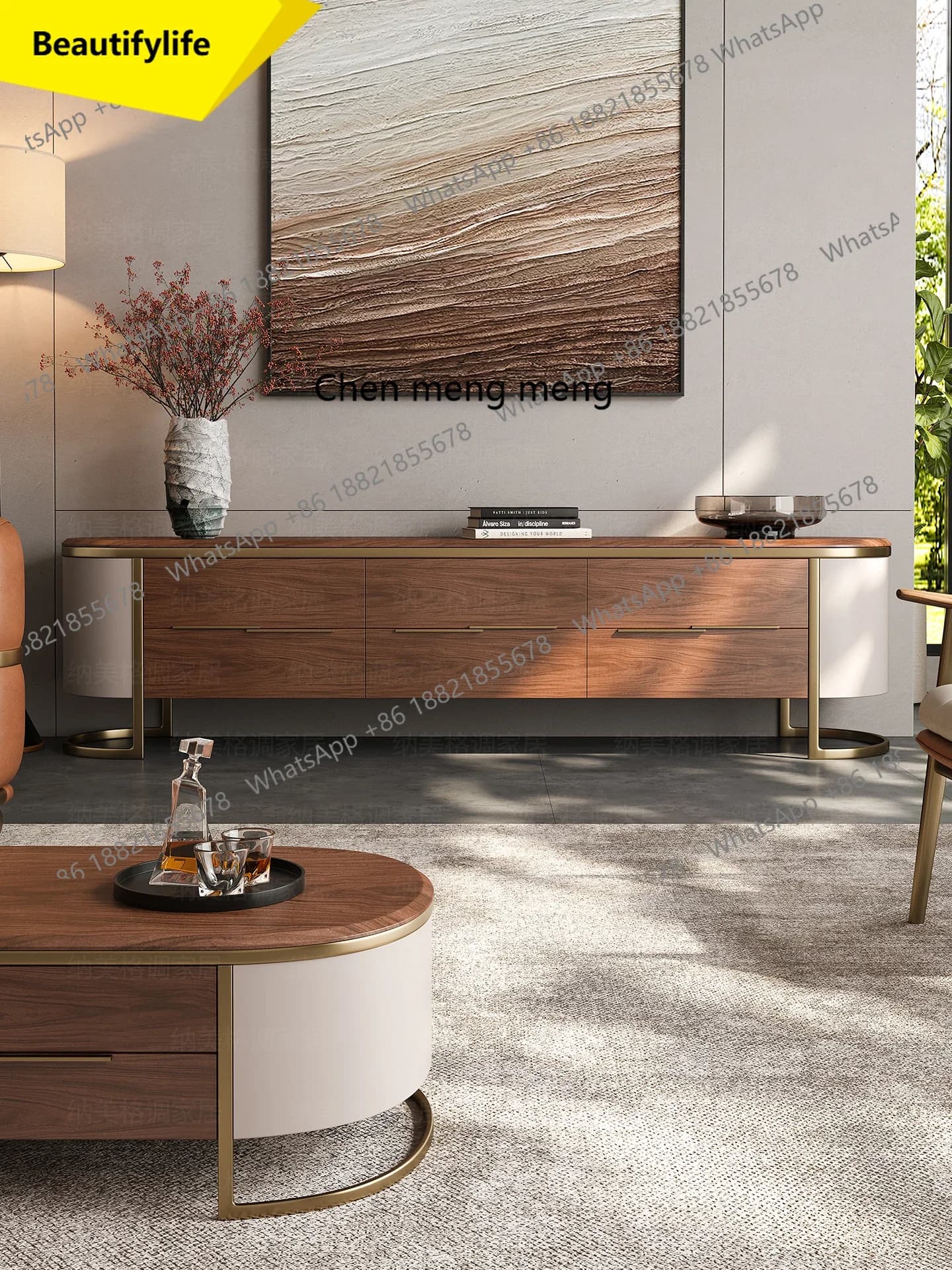 Q181 French Retro Solid Wood TV Cabinet and Coffee Table Set for Home Living Room High-End Vintage Walnut Color Floor Cabinet