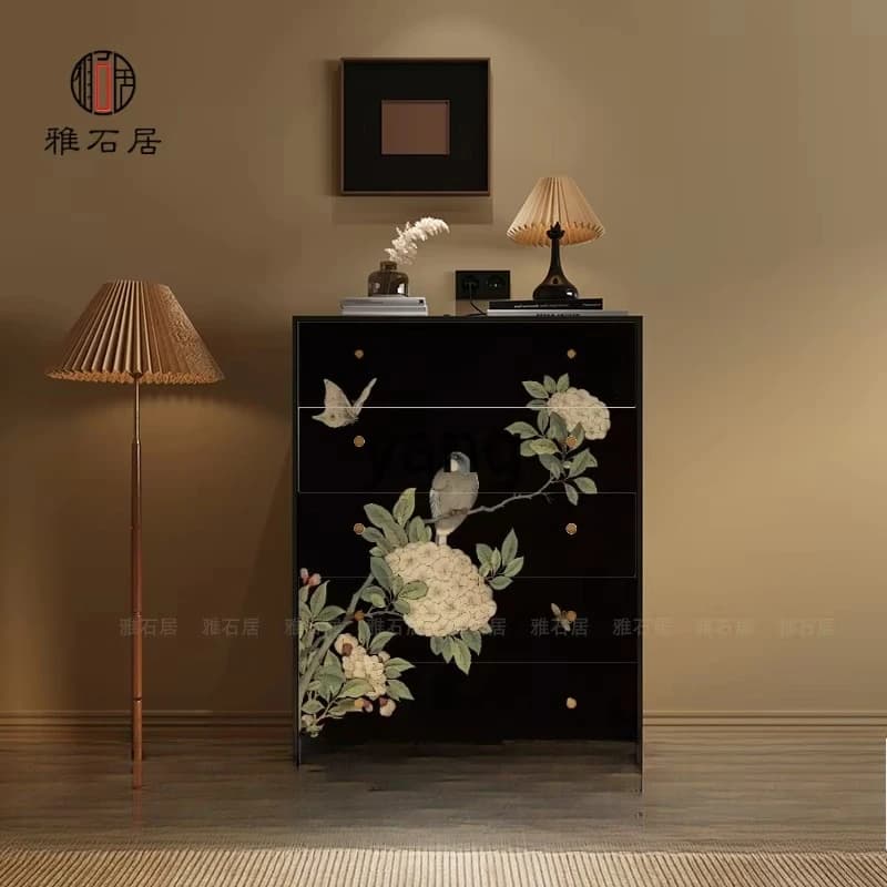 yjq Chinese wind flower bird chest of drawers solid wood entrance medieval painted decorative cabinet