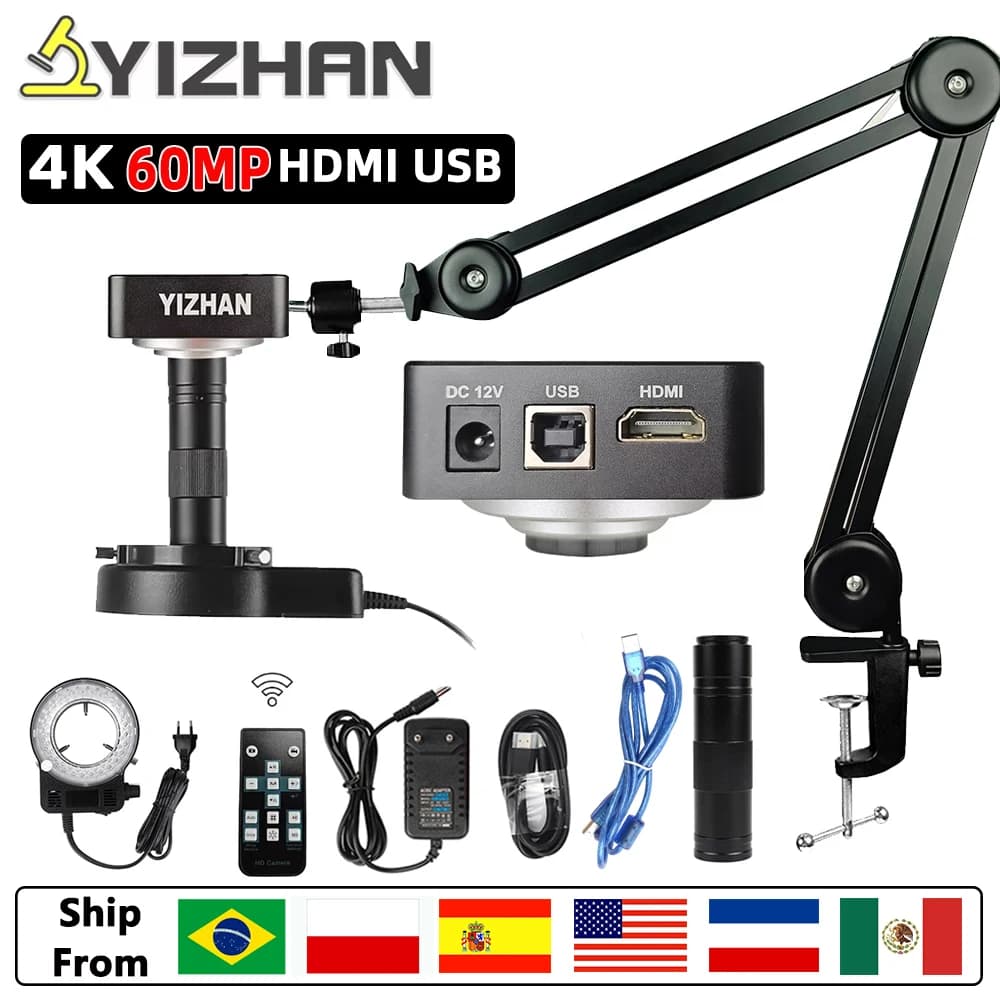 4K 60MP HDMI Microscope Camera For Mobile Phone 150X Zoom Lens Digital Soldering Microscope LED Light HDMI USB Industrial Camera