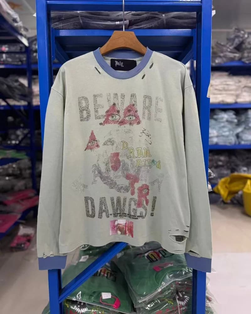 PALY Trend Street Style Green Washed Decayed Graffiti, Retro Autumn Winter Men Women High-Quality Long-Sleeve T-shirt