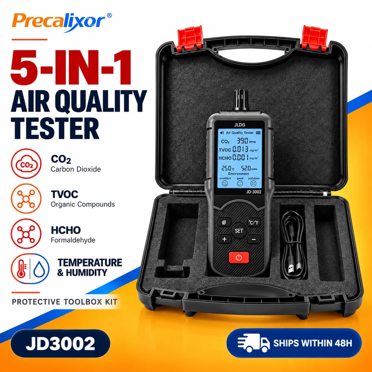 5-in-1 Indoor Air Quality Tester CO2 TVOC HCHO Formaldehyde Detector 2000ppm Temperature Humidity Monitor 2.000mg/m³ 1.000mg/m³