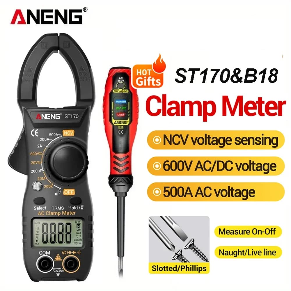 ANENG ST170 Clamp Meter AC DC Voltage Current Capacitance Resistance Tester With Free Gift B18 Voltage Test Pen Screwdriver
