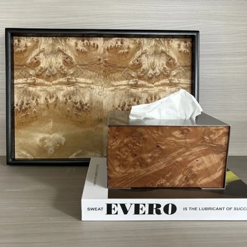 Light luxury modern stainless steel wood grain tissue box model room office living room desktop decoration paper box ornament