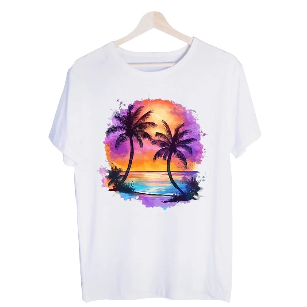 Men's Sunset Palm Tree Graphic Tee, Short Sleeve Crew Neck T-Shirt for Summer Vacation and Casual Beach Outfits