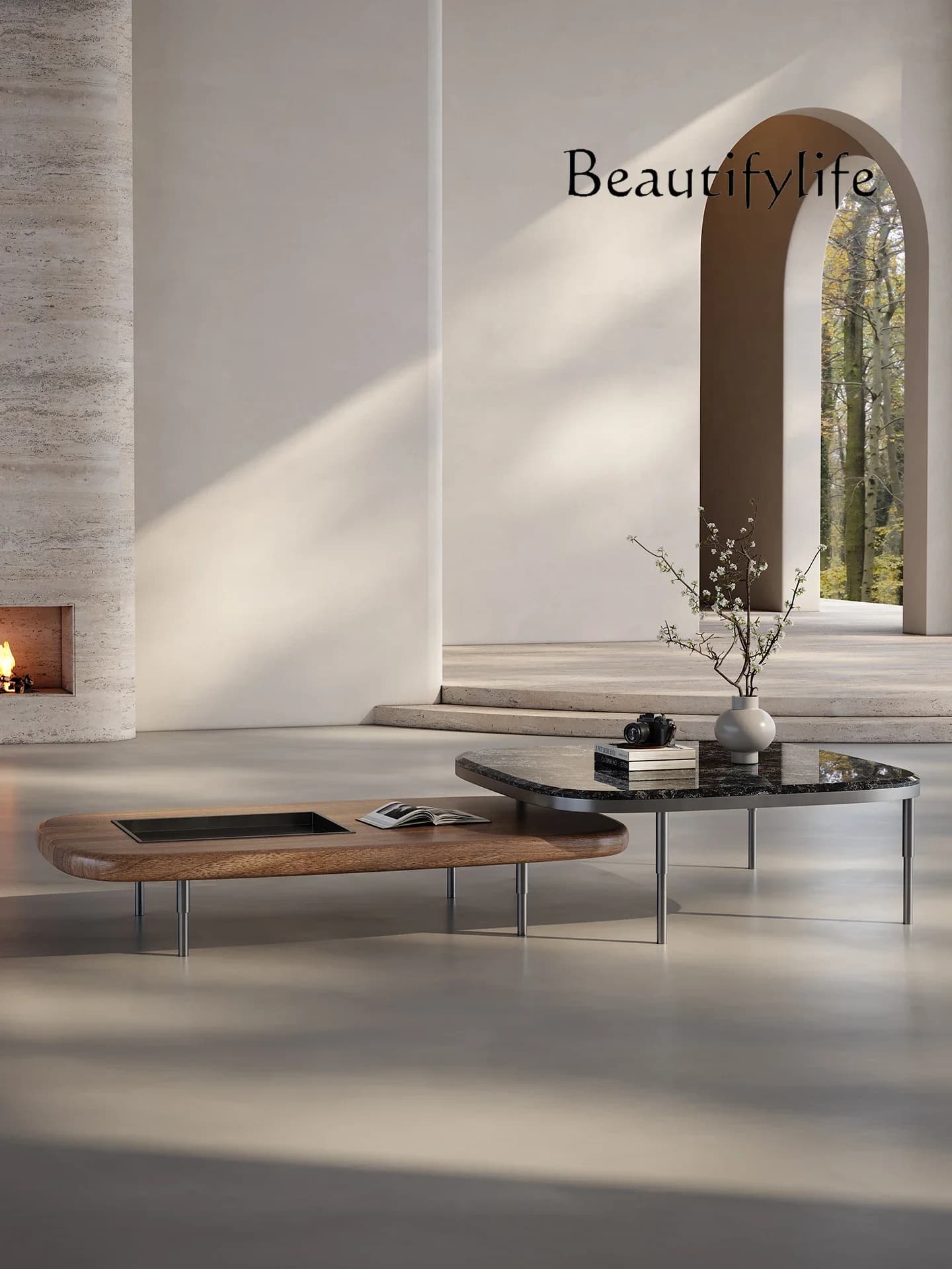 BX Platinum Diamond Luxury Stone Coffee Table High-end Light Luxury Italian Minimalist Flat-floor Villa Living Room Walnut