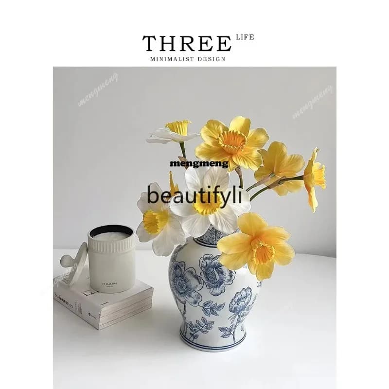 Vase Ornament Living Room Flower Arranger Ceramic Blue and White Porcelain High-end Luxury  N