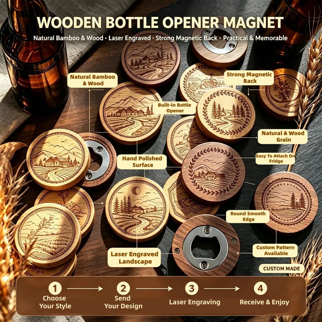 Custom Hot Selling Blank Round Wooden Bottle Opener With Printed Die Cut Wooden Refrigerator Magnet Custom Logo Gift Decor