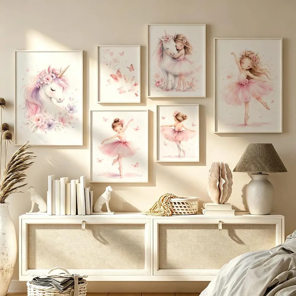 Pink Ballerina Girl Unicorn Butterfly Poster Living Bed Room Bar Hallway Sticky Wall Art Printing Waterproof Aesthetic Decor