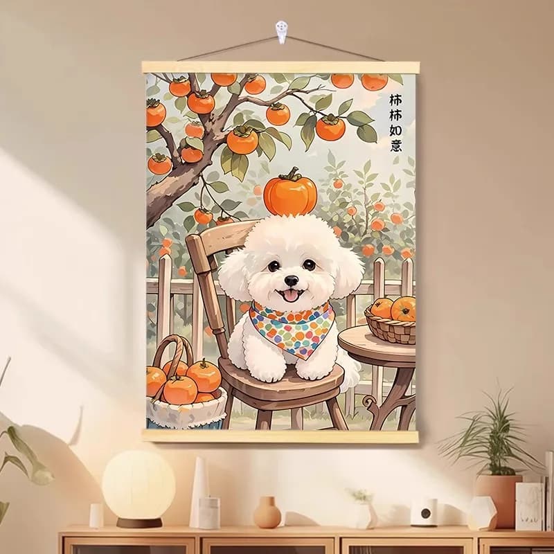 Wall Art Home Decor Cute Cat Dog Painting Hanging Scroll Set of 2 Persimmon Good Luck Kawaii Art for Bedroom Living Room