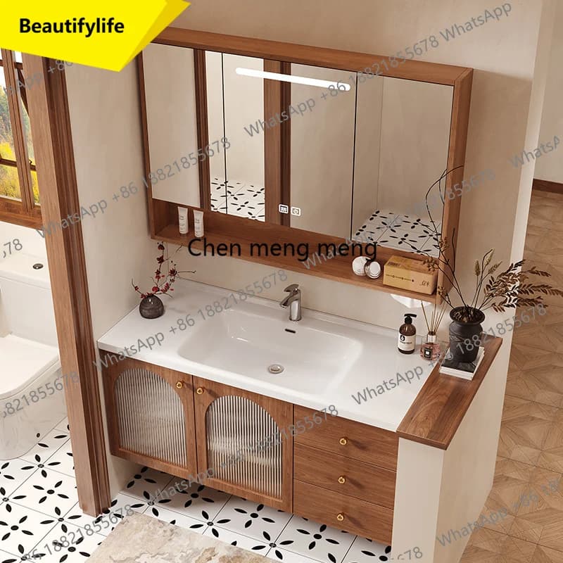 A17 Storage Drawers Bathroom Cabinet Rustic Oak Mirror Vanity Bathroom Cabinet Modern Sink Armario Pra Banheiro Furniture