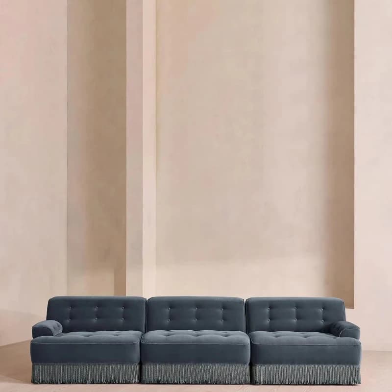 Modern luxury slate blue sky goose down sofa with fringed bottom for living rooms