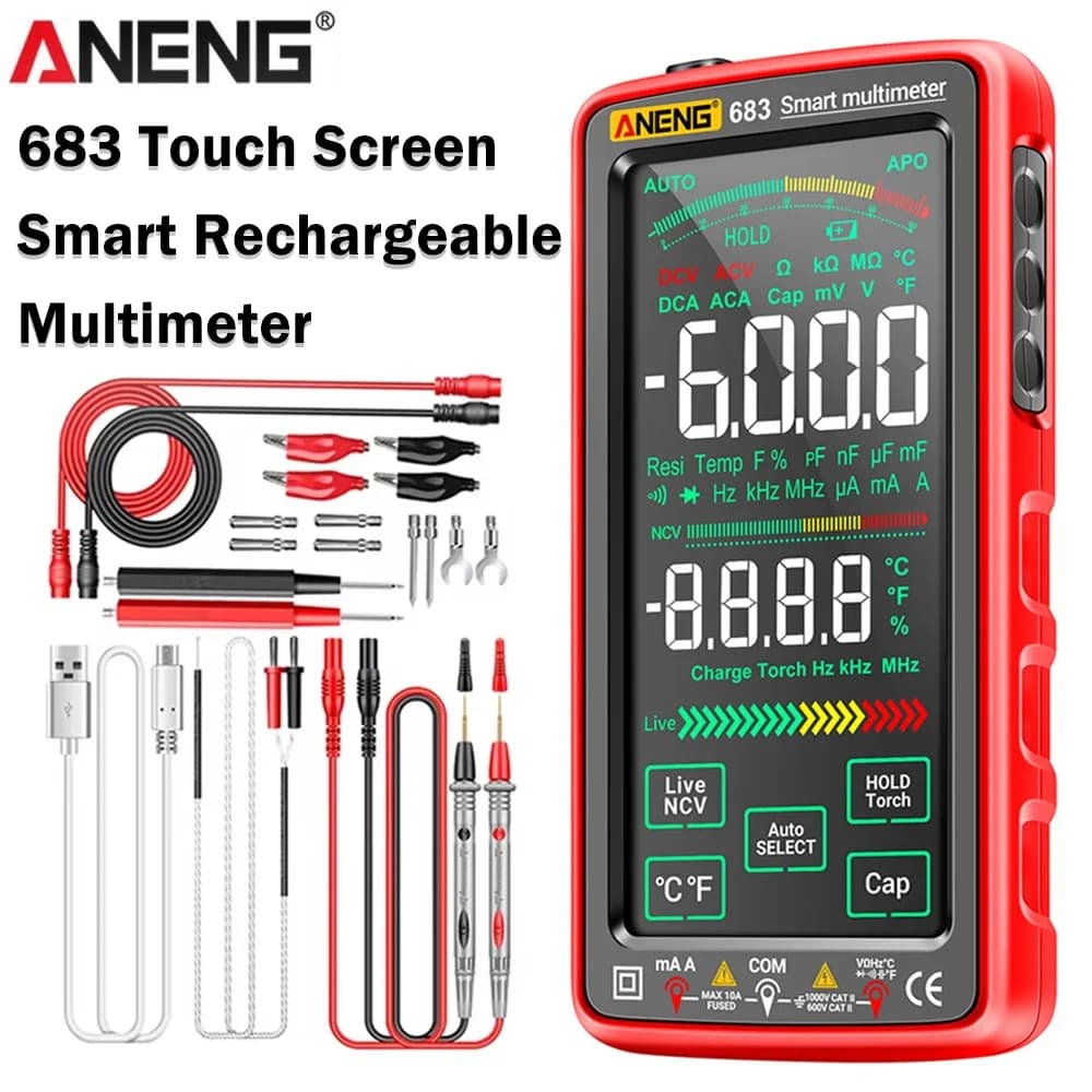 Smart Touch Screen Multimeter Rechargeable Tester Ammeter AC/DC Voltage Current Buzzer Diode NCV Hz Electrician Tools ANENG 683
