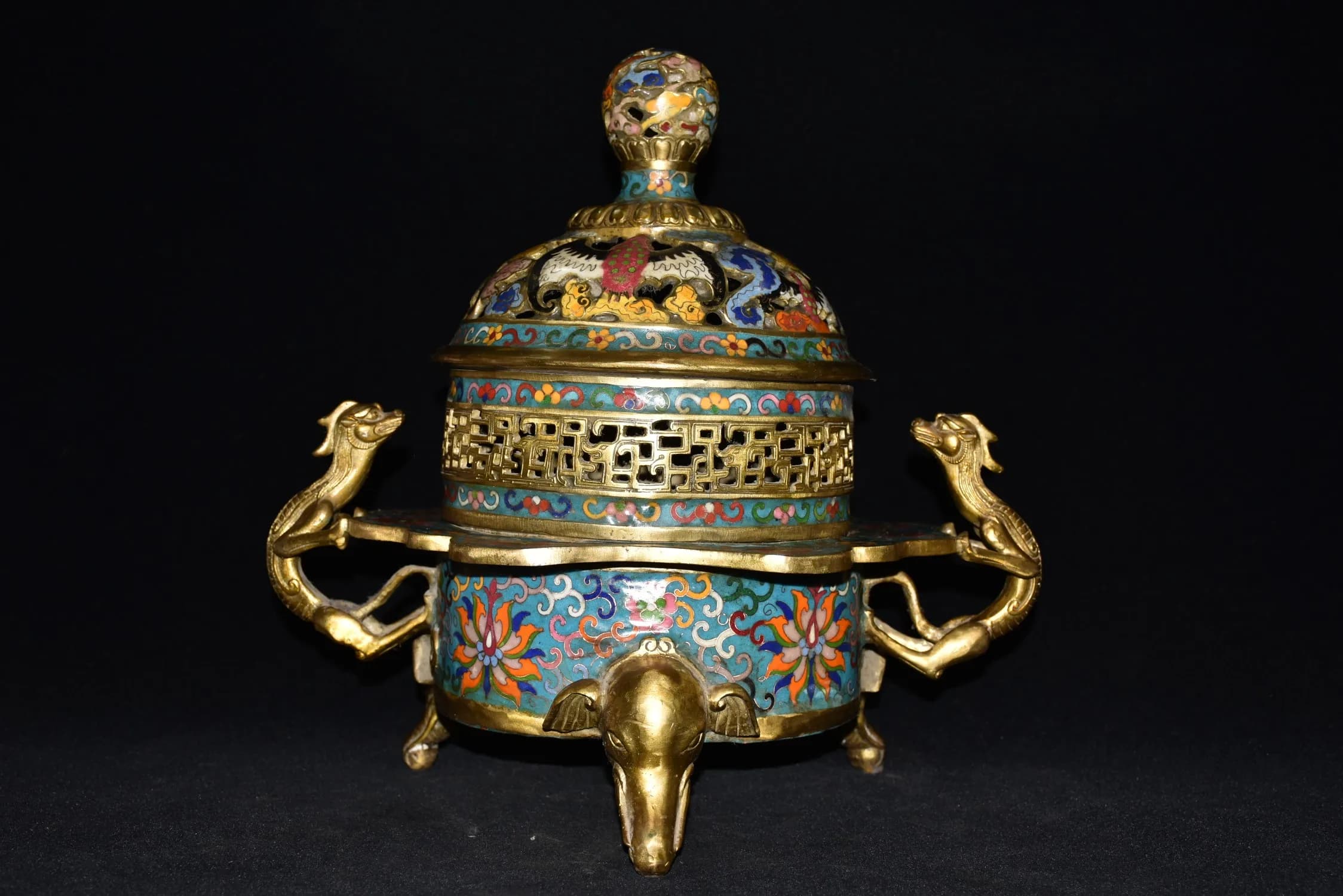 16"Tibetan Temple Collection Old Bronze Cloisonne bat Animal pattern Dragon Ear Elephant head three-legged incense burner
