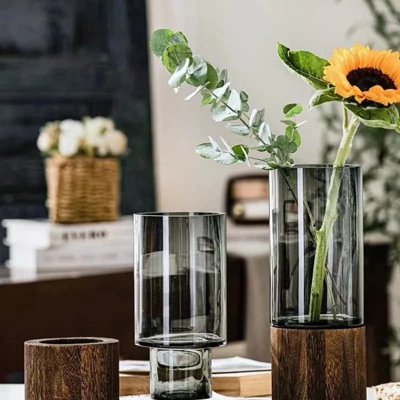 Wooden Transparent Water Nourishing Flowers Elegant Wooden Water Basin Glass Vase, Modern Desktop Floral Home Decoration