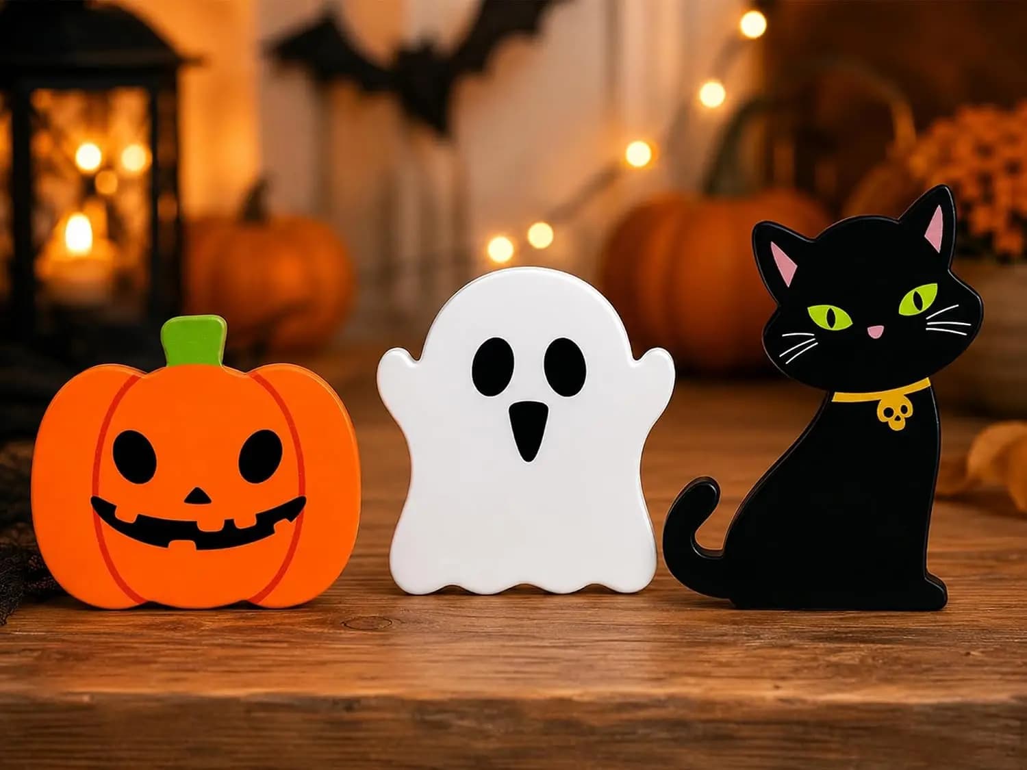 Halloween Decorations for Indoor Home 3 Pcs, Cute Wooden Pumpkin Ghost Black Cat Decor for Tabletop Tiered Tray