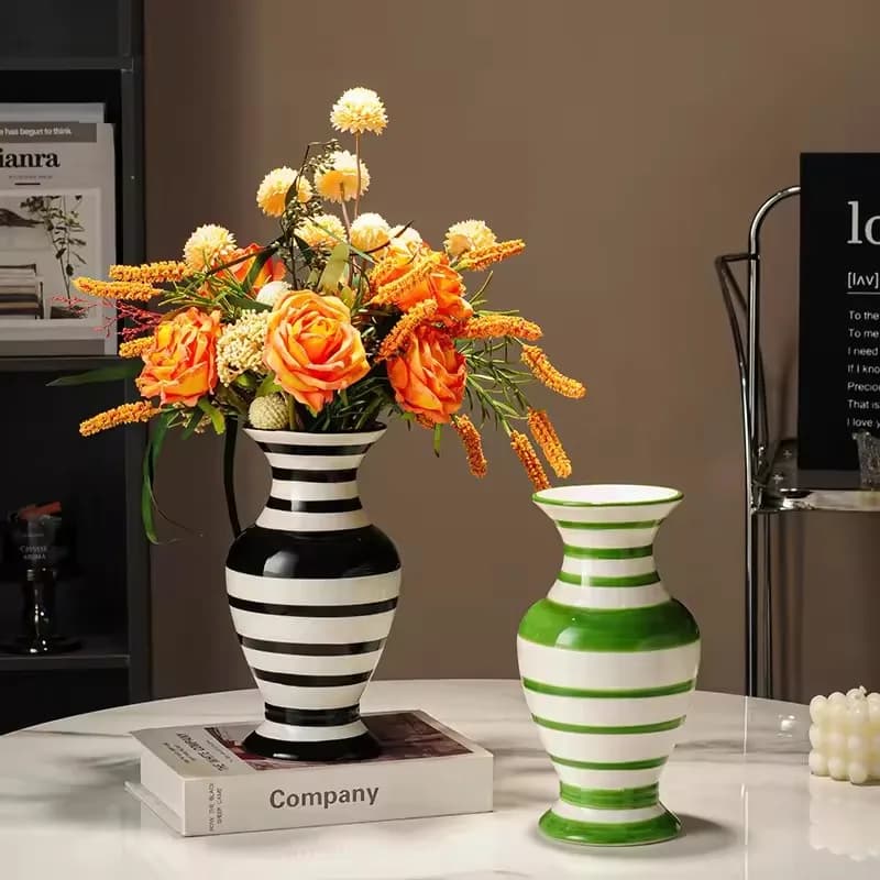 Modern niche minimalist striped vases, flower arrangements in them, high-end sense, creative retro painted ceramic vases