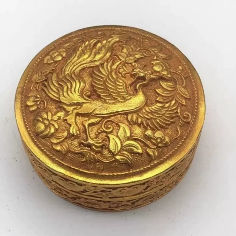 Antique Copper Collection Four Great Divine Beasts rosefinch Relief Ink Cartridge Storage Box Folk Art Collection Crafts