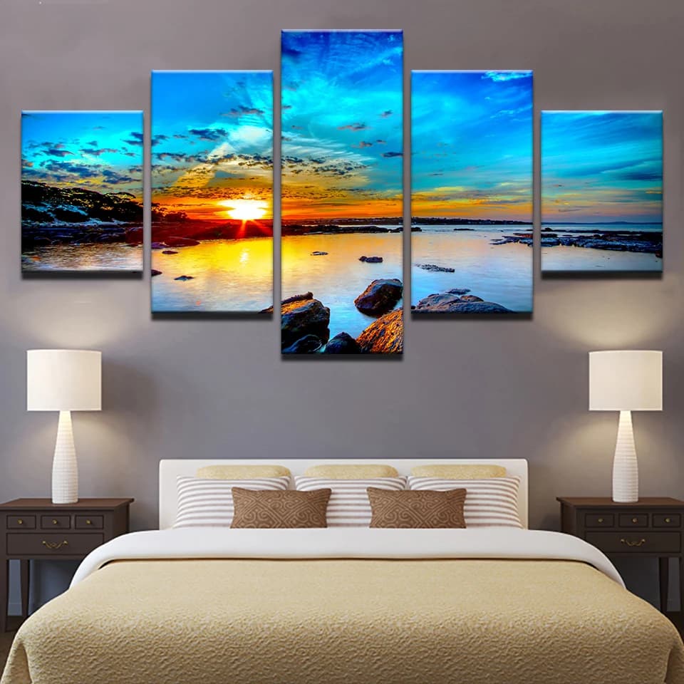 Landscape  Poster Sunrise Seavie 5 Pieces Canvas Art Painting Living Room Wall Picture Bedroom Modular Mural Home Decoration