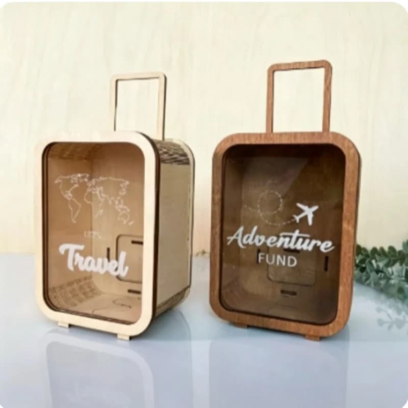 Wooden Suitcase Coin Bank – Adventure Travel Home Decorative Storage Box, Birthday Gift Savings Jar