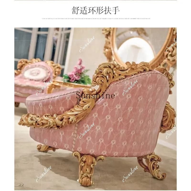 Hand-carved villa living room pink embroidery three-person fabric sofa combination   FT