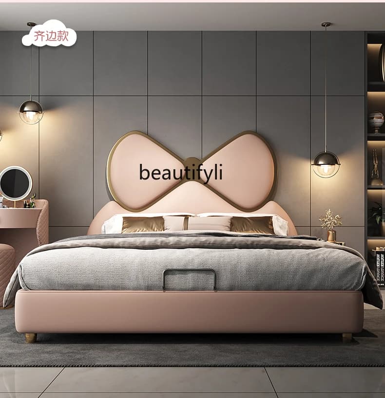 High-end Modern Light Luxury Bow Pink Solid Wood Leather Bed Girl Bedroom Princess Luxury Bed