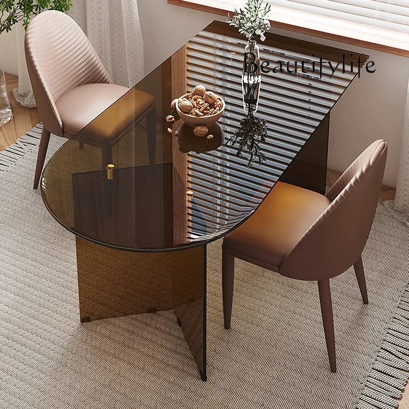 N36 Simple tempered glass dining table Nordic light luxury semi-round island integrated table rectangular small apartment
