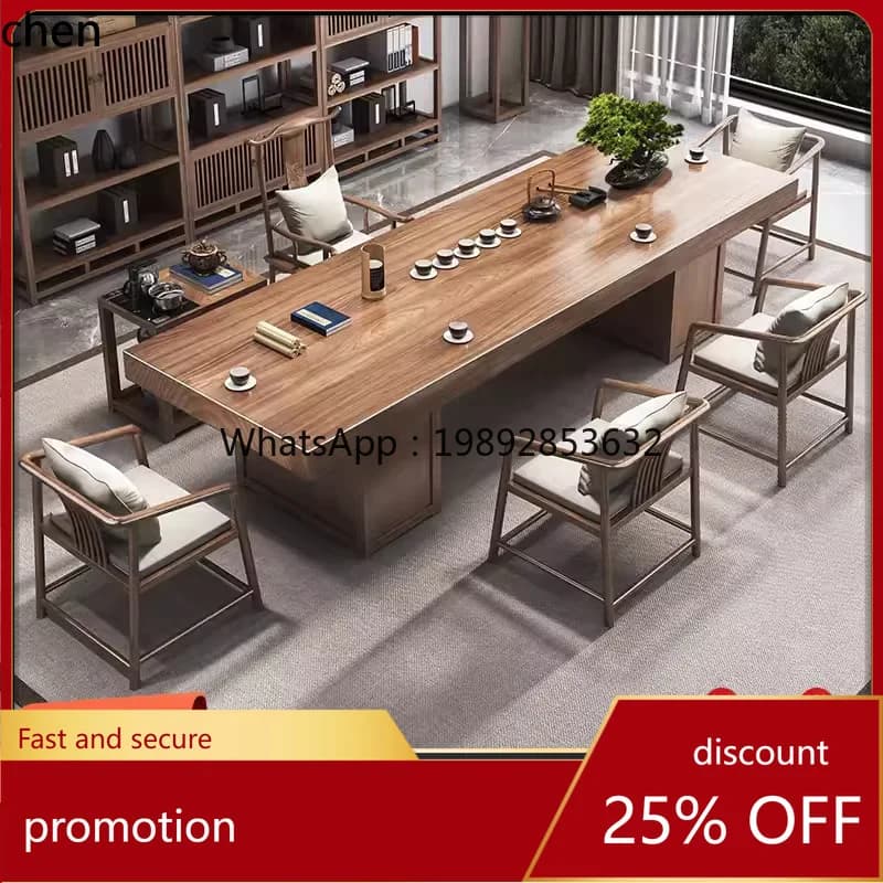 HT New Chinese Style Solid Wood  and Chair Set for Home Living Room with Drawer and Tray Integrated Office Large Tea Table