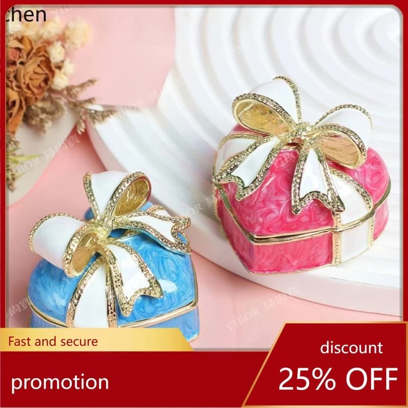 H1 Enamel Jewelry Box Heart-Shaped Bow Princess Style Jewelry Storage Box Wedding Ring Box