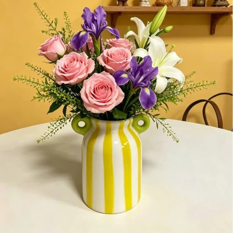Double Eared Ceramic Striped Vase, Hand-painted Small Decorative Vase, Pampas Grass, Wide Mouthed Flower Bud Vase