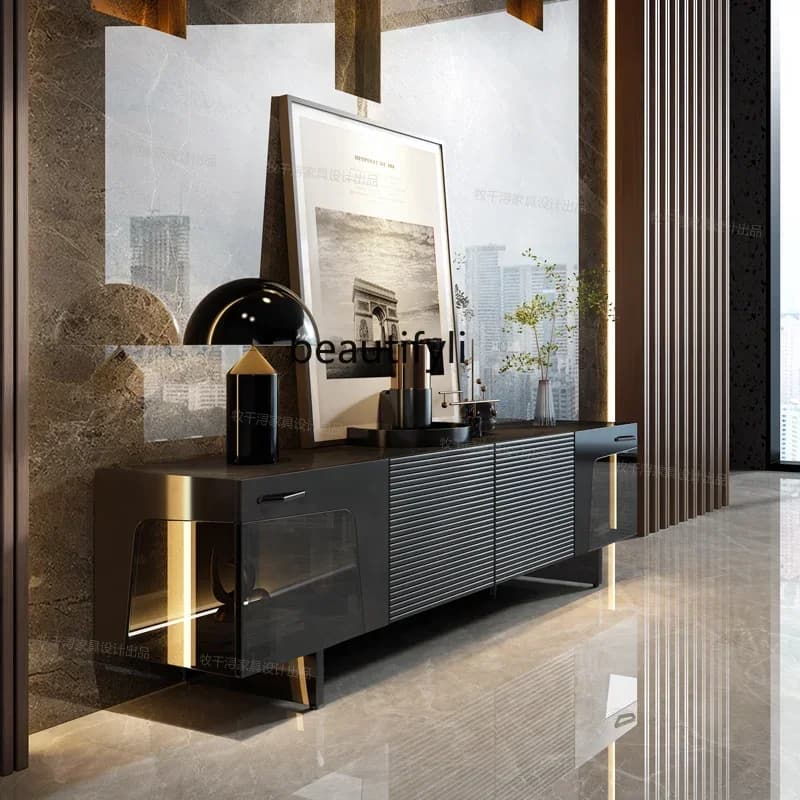 X Italian TV Cabinet Villa Living Room Black Suspended Storage Stone Plate Floor Cabinet with Lights