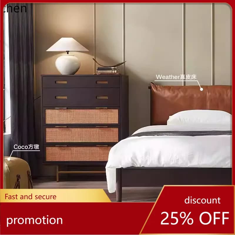 HXL medieval retro solid wood rattan chest Nordic entrance six-side cabinet
