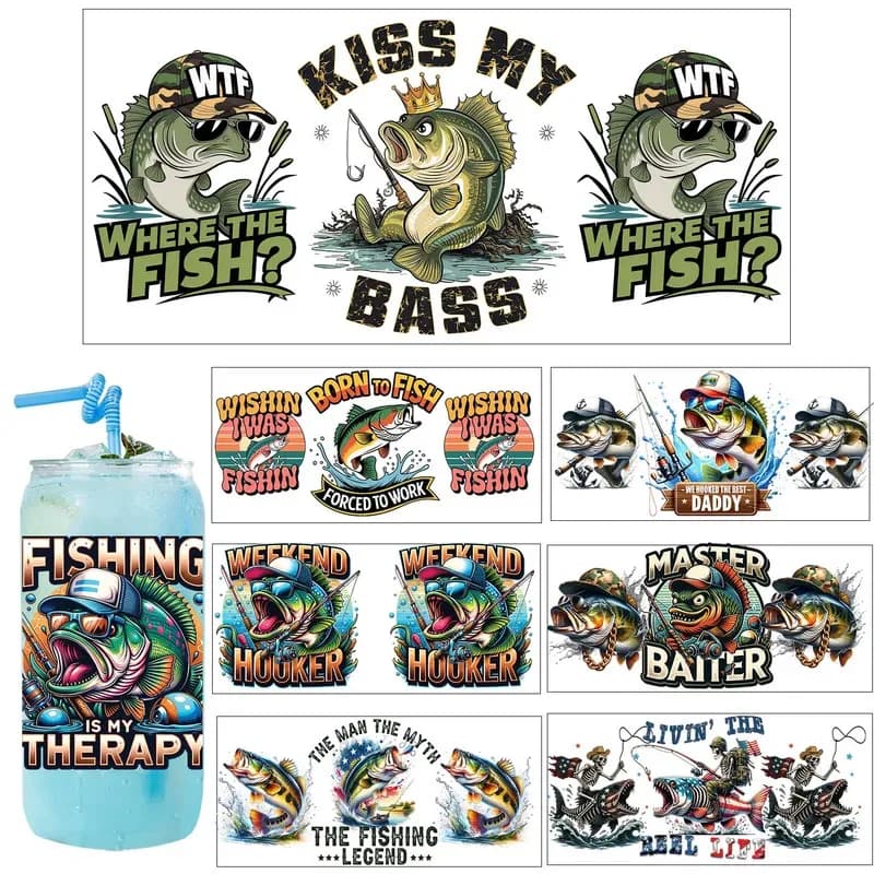 Popular Funny Outdoor fishing Artwork UV Sticker Party DIY Decals 3D transfers uvdtf tumbler seal stickers 16oz uv dtf cup wraps