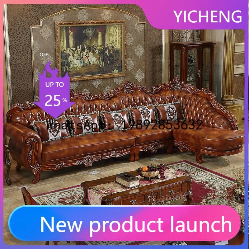 Hys genuine leather sofa - small apartment living room solid wood retro corner sectional furniture set