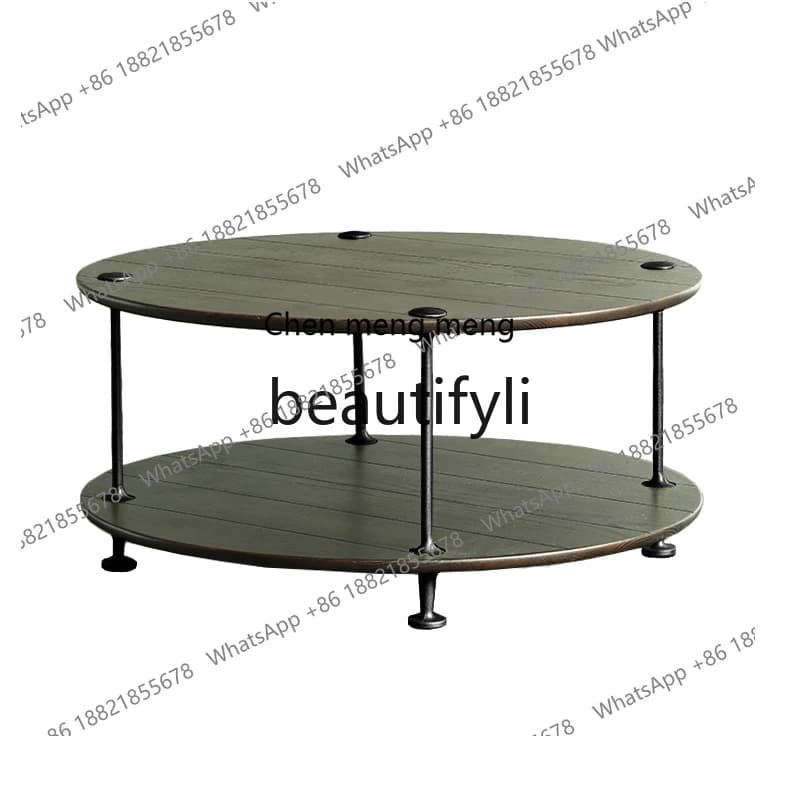 Wrought iron coffee table round edge few Nordic style oak cast iron retro cold few  R
