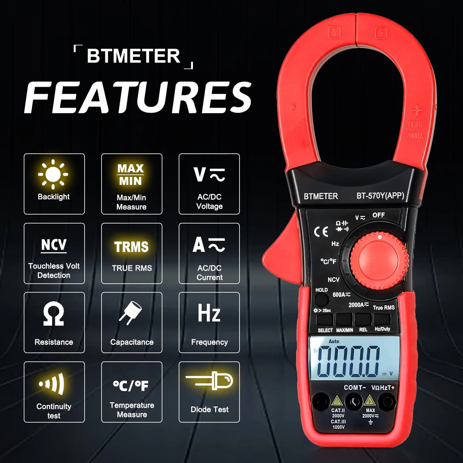 570Y Counts True RMS Clamp Multimeter AC/DC 2000A Voltage Current Resistance Capacitance Temp NCV Backlight Auto Range