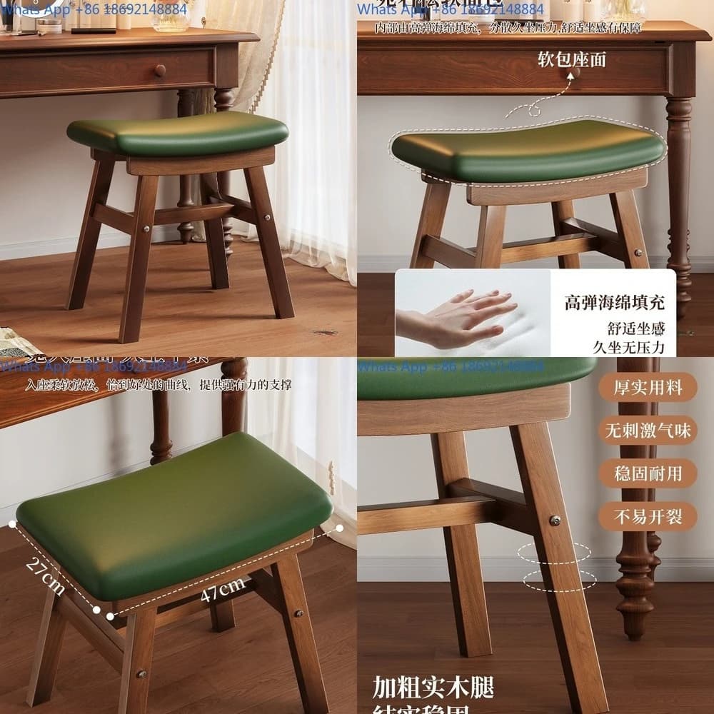 Wooden Makeup Stool for Bedroom Dressing Table Vintage Style Square Bench Chair for Women