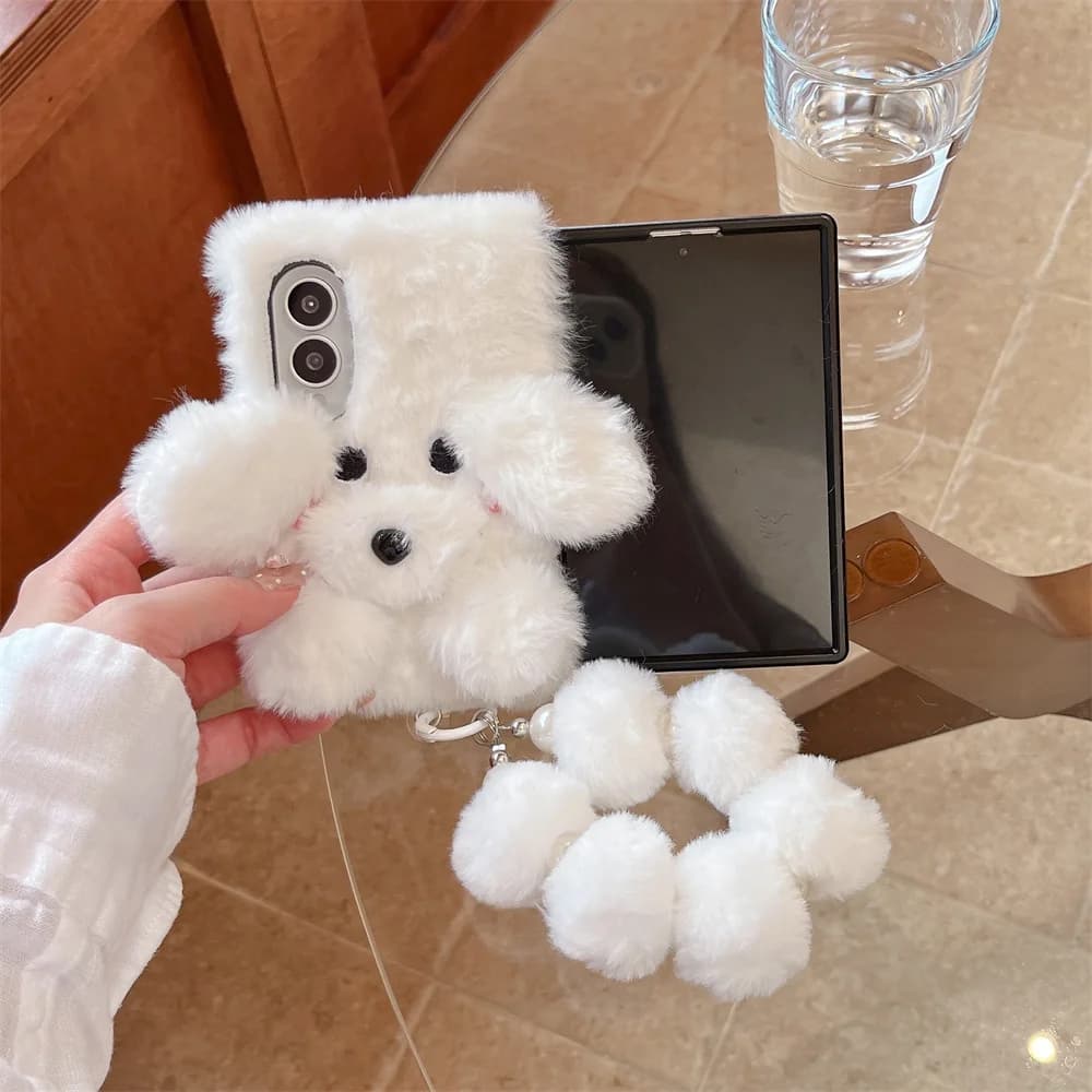 Korean Plaid Cartoon puppy plush Phone Case for Samsung Galaxy Z Fold 8 Ultra Fold 8 Fold 4 5 6 7 8 Cover Phone Cases with Chain