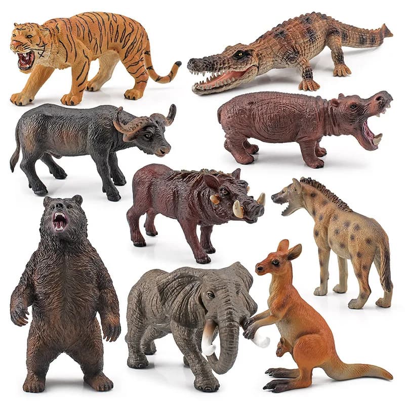 Mini Wild Animal Models Crocodile Tiger Brown Bear Kangaroo Elephant Hippo Buffalo Boar African Hyena Desktop Decoration Craft
