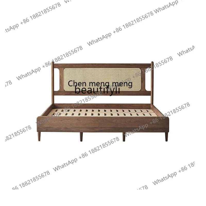 X Modern Minimalist Solid Wood Bed Home New Chinese Style Black Walnut Color Rattan  Retro  Double Bed Small Apartment