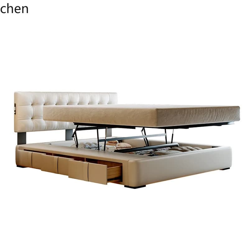 HT  Ultra-Thin Bedside Cream Style Box Storage Sliding Leather Bed