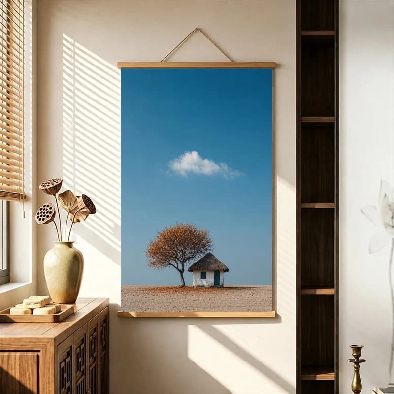 Wall Decorations Minimal Trees and Figures beneath Blue Skies, Pearlescent Canvas Hanging Scroll for Home Office Interior Decor