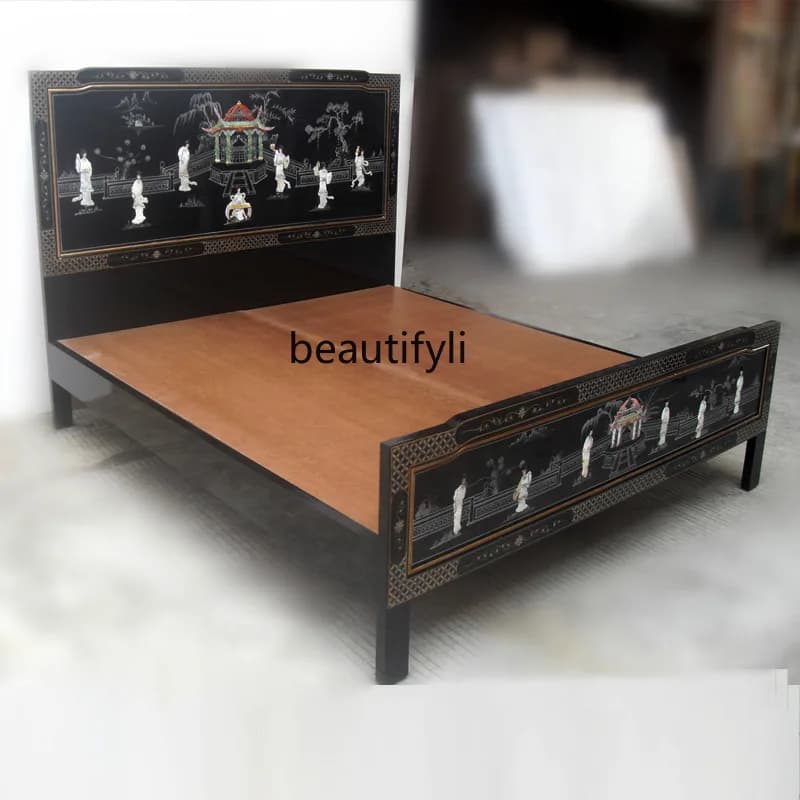 Solid Wood Double Bed Ming Qing Antique Painted Furniture Piano Lacquer Bed