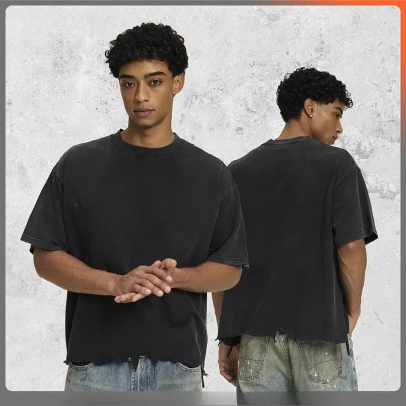 Men's T-shirt Retro Street Destruction Style T-shirt Short-sleeved Men's Wear High-quality Pure Cotton Distressed Short-sleeved