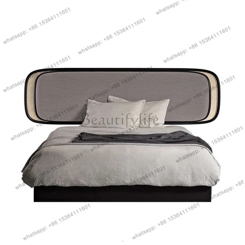 Italian light luxury minimalist double bed new Chinese solid wood rattan art zen hotel furniture